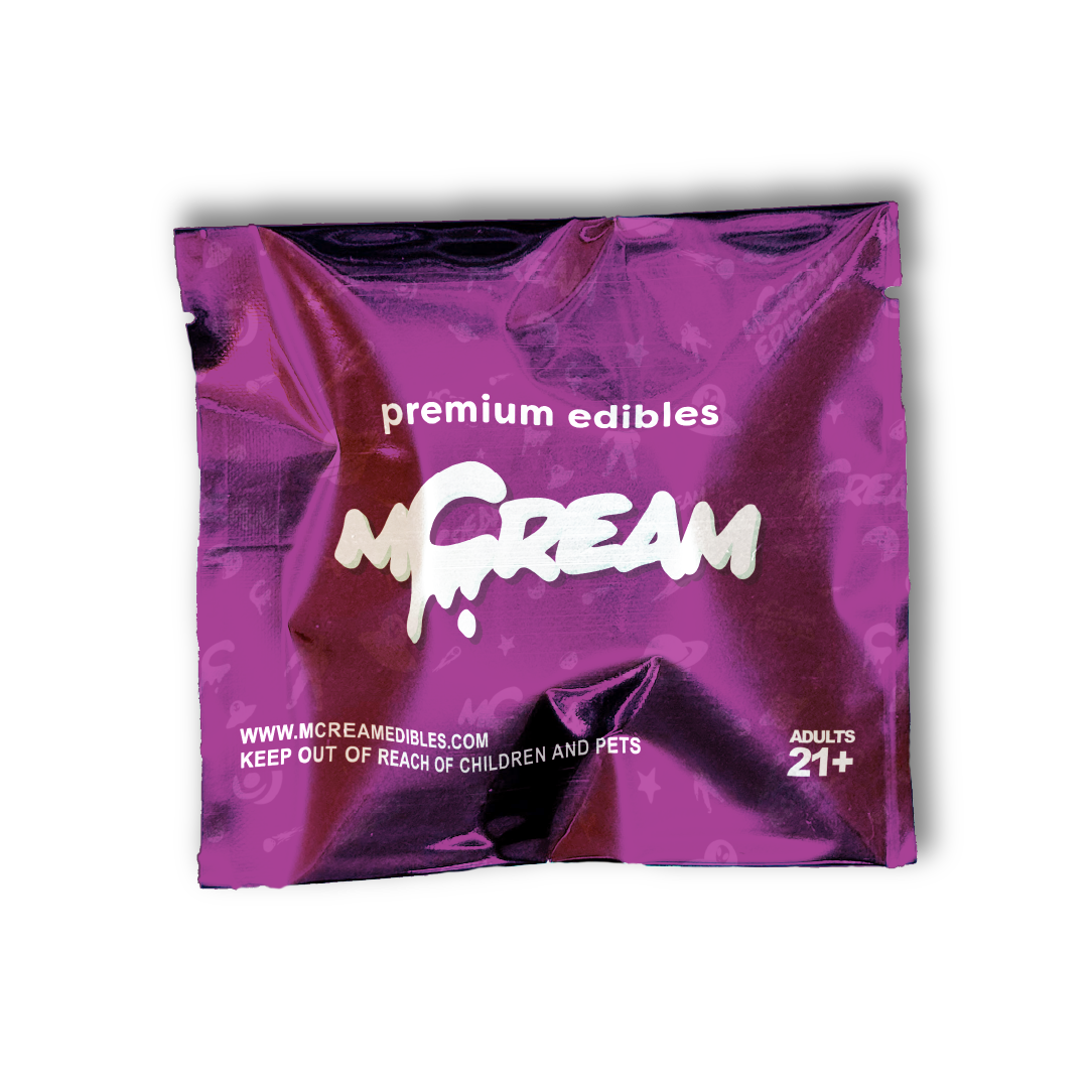 Purple mCream edibles pouch with bold logo, premium THC-infused packaging for adults 21+