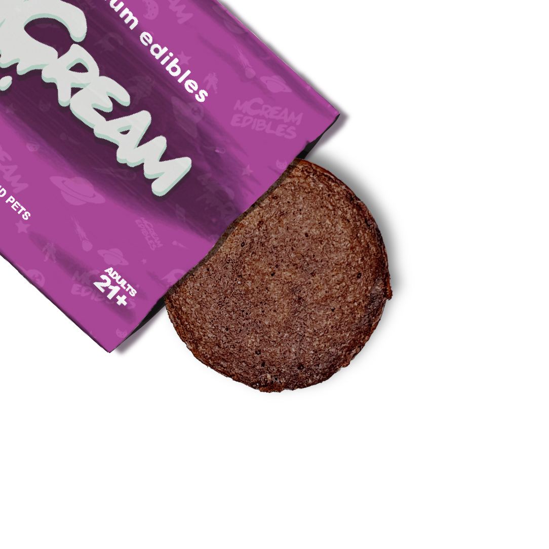 mCream 10mg THC-infused fudge brownie, rich chocolate edible with cosmic potency for adult use