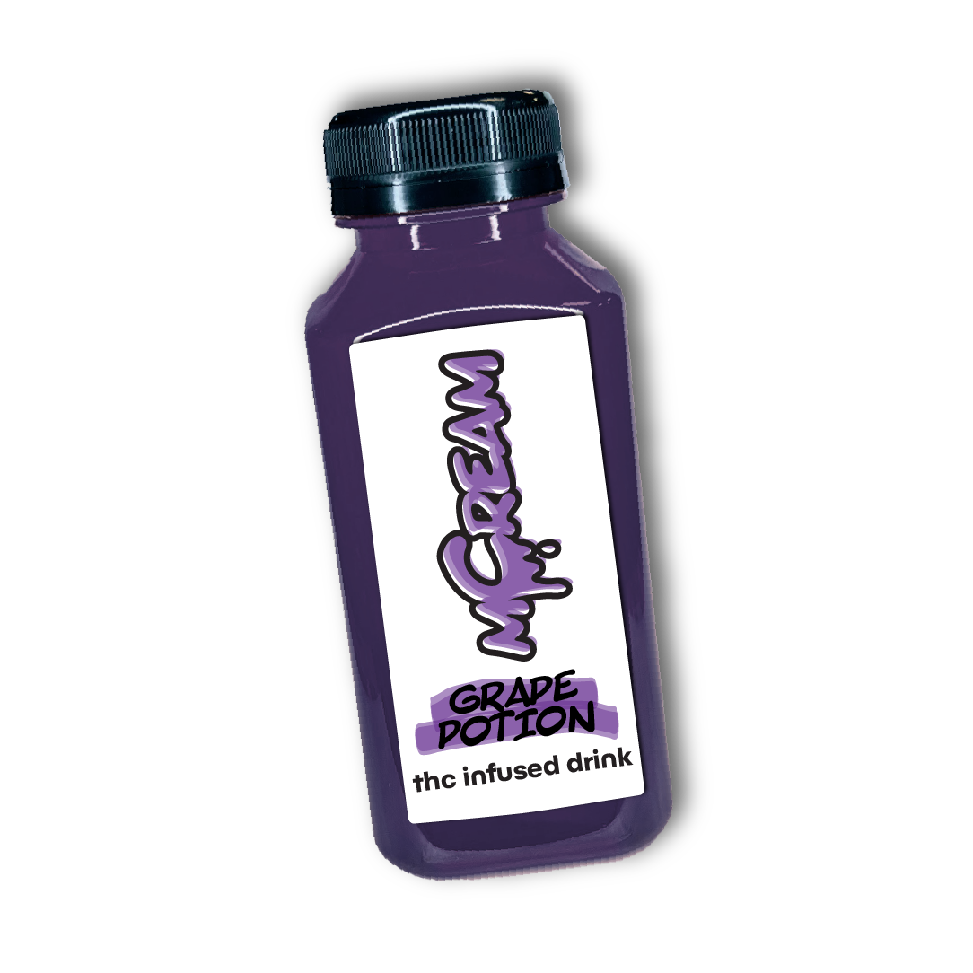 mCream Grape Potion THC-infused drink in purple bottle, cannabis beverage for adults 21+