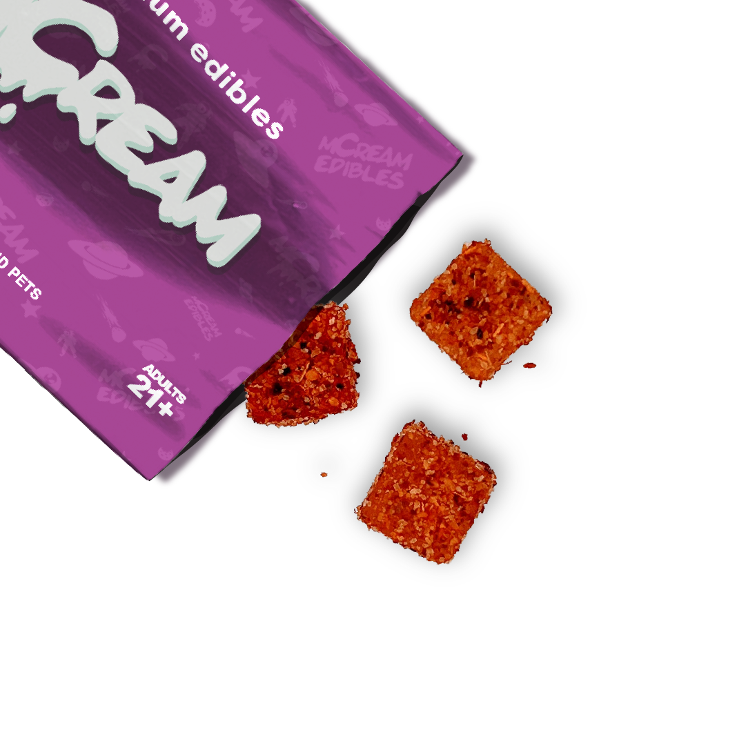 mCream Mango Madness THC micro-dose gummies in bright orange next to purple edibles pouch